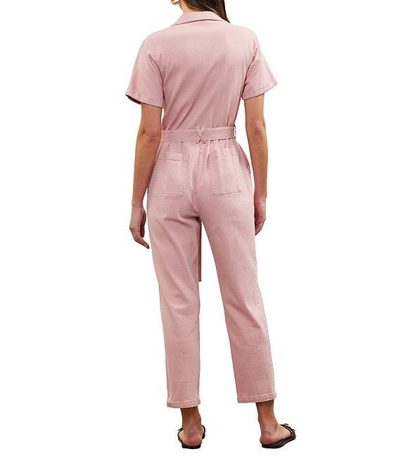 Skies Are Blue Washed Notch Collar Cuffed Short Sleeve Button Front Belted Utility Flight Suit Product Image