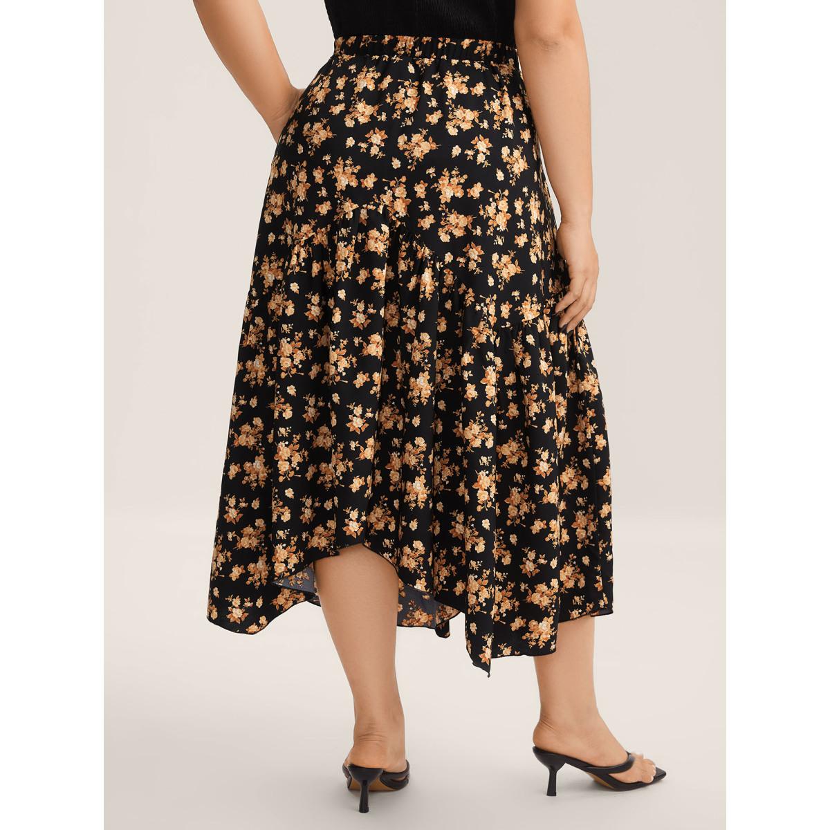 Plus Size Ditsy Floral High Low Hem Midi Skirt Women Black Asymmetrical Loose No stretch Side seam pocket Everyday-Elegant Skirts BloomChic 26/4X Product Image