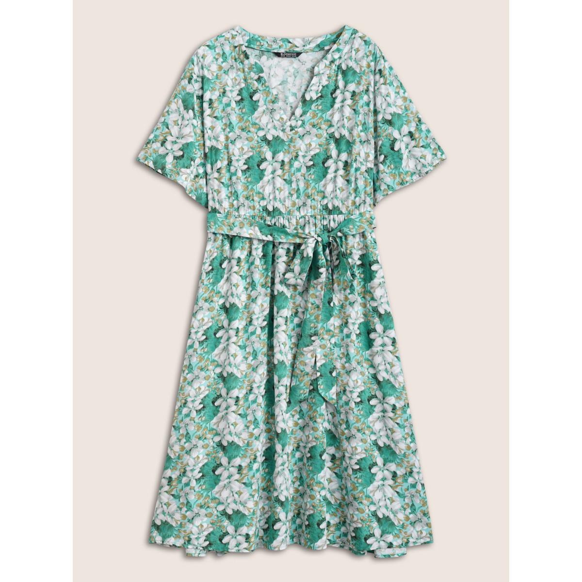 Plus Size Floral Print Notched Belted Midi Dress Turquoise Women Elegant Belted Flat collar with V-notch Short sleeve Curvy Midi Dress BloomChic 18-20/2X Product Image