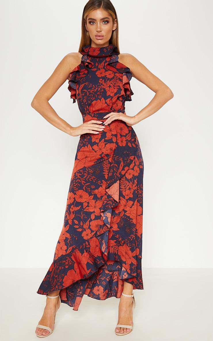 Navy Floral Print Frill Detail Wrap Maxi Dress Product Image