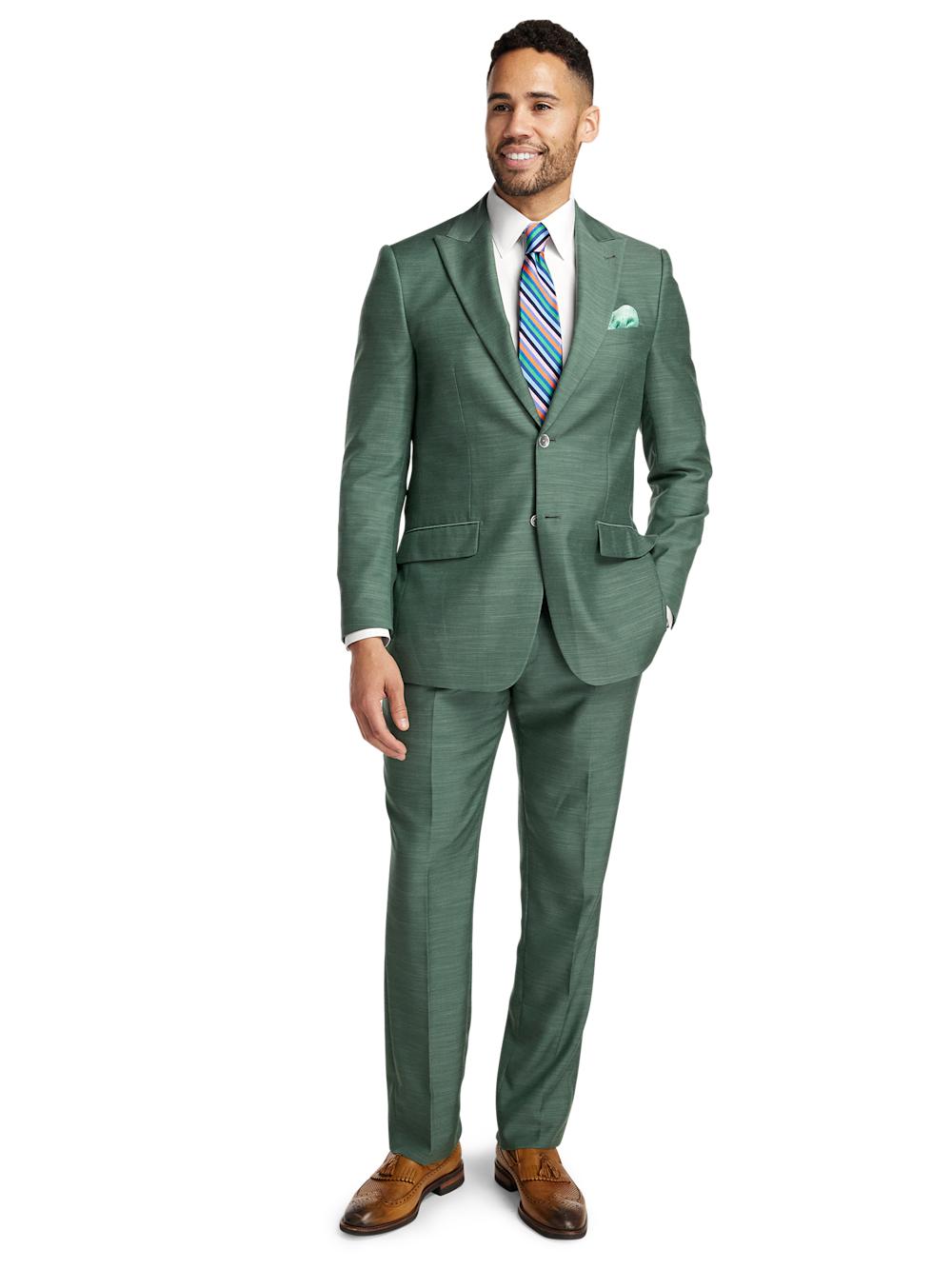 Microfiber Linen Blend Single Breasted Peak Lapel Suit Jacket - Green Product Image