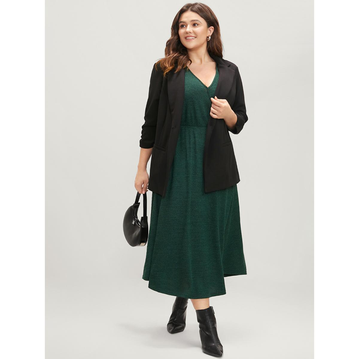 Plus Size Solid Pocket Surplice Neck Rib Knit Marled Dress DarkGreen Women Elegant V-neck Long Sleeve Curvy Midi Dress BloomChic 28/5X Product Image