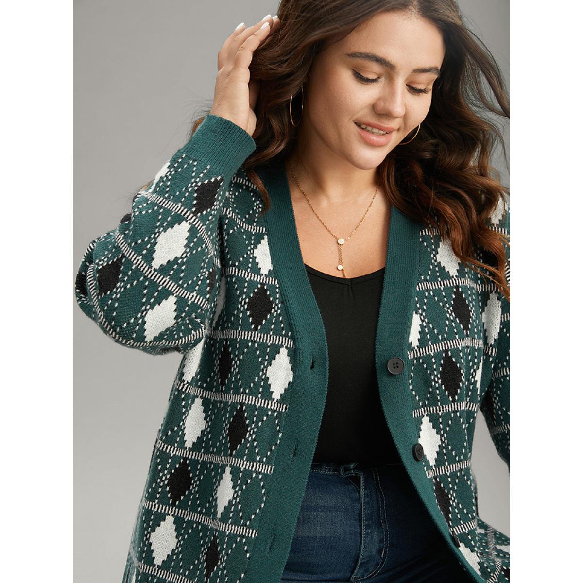 Plus Size Supersoft Essentials Christmas Contrast Geometric Cardigan DarkGreen Women Casual Loose Long Sleeve Festival-Christmas Cardigans BloomChic 18-20/2X Product Image