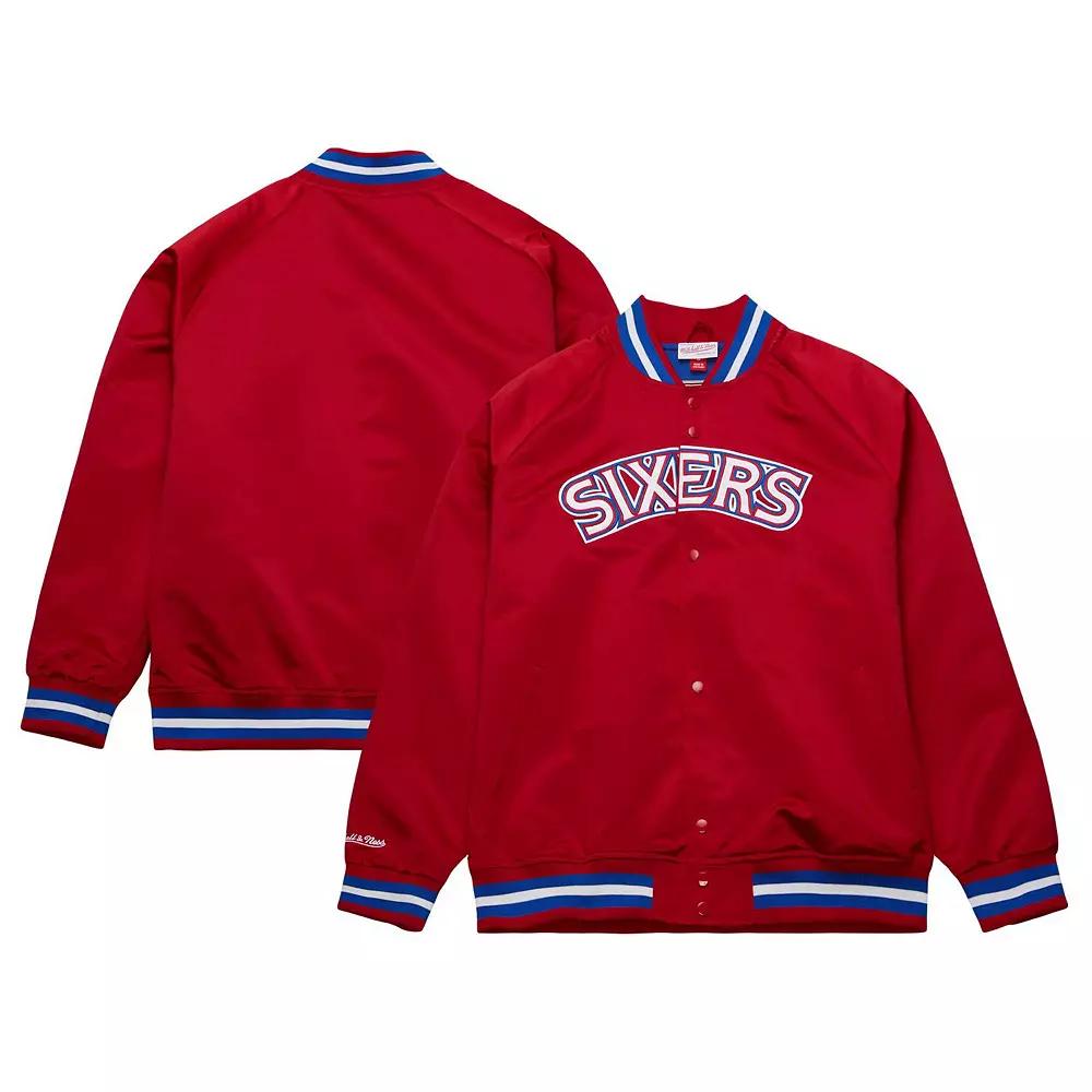 Men's Mitchell & Ness Red Philadelphia 76ers Hardwood Classics Throwback Wordmark Raglan Full-Snap Jacket,  Product Image