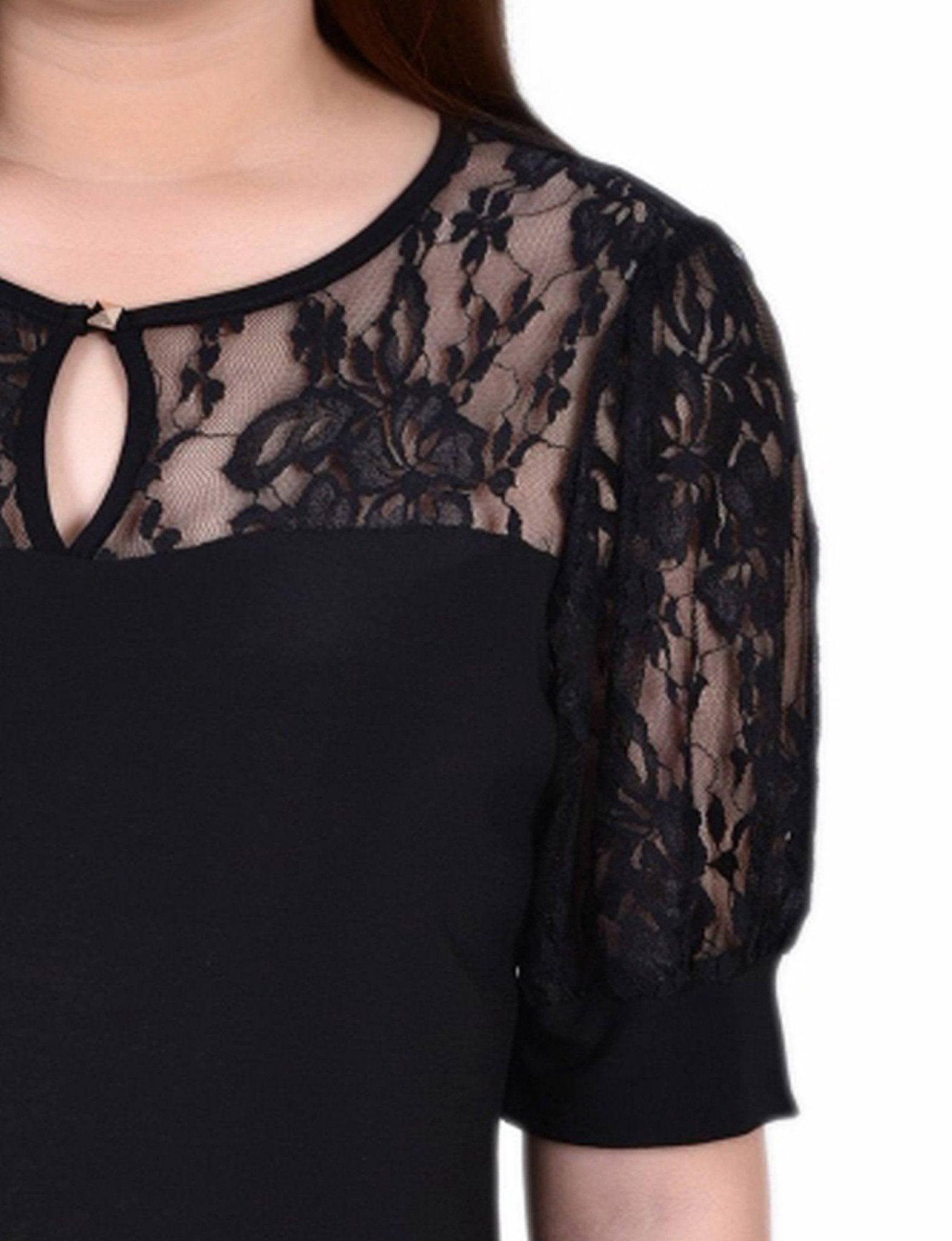 Black Short Puff Sleeve Top With Lace Sleeves And Yoke Product Image
