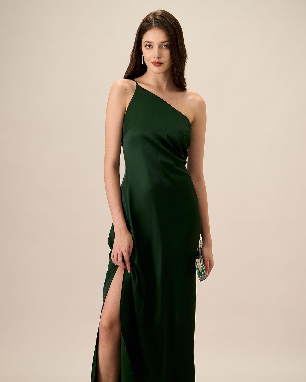 Women's Green One-shoulder Satin Maxi Dress Female Product Image