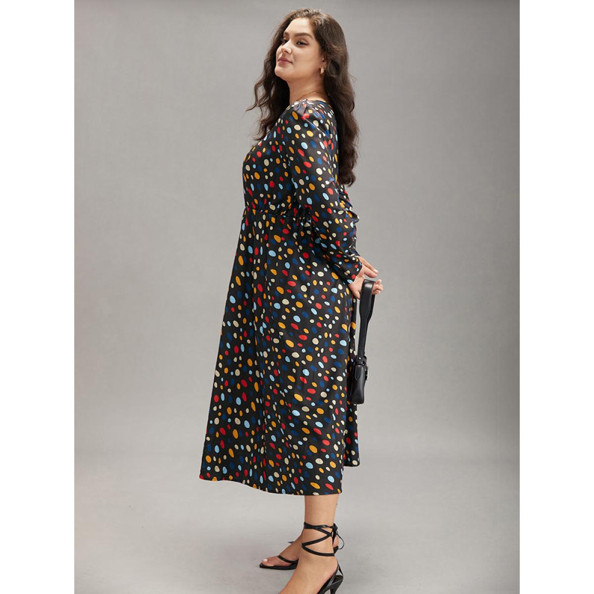 Plus Size Contrast Polka Dot Pocket Long Sleeve Dress Black Women Elegant Printed Square Neck Long Sleeve Curvy Midi Dress BloomChic 12/L Product Image
