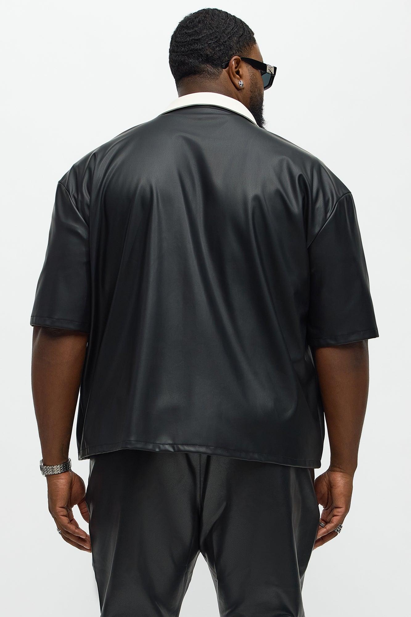 Cropped Colored Collar Faux leather Button Up Shirt - Black Male Product Image