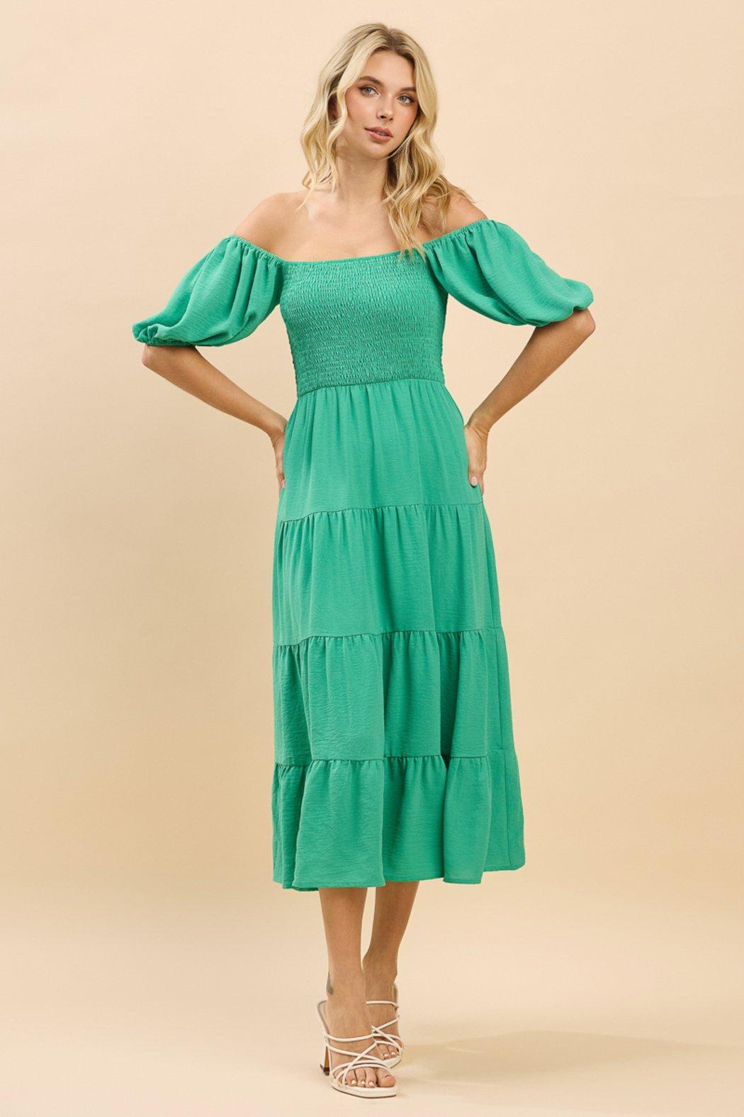 Willow Smocked Puff Sleeve Tiered Midi Dress Product Image
