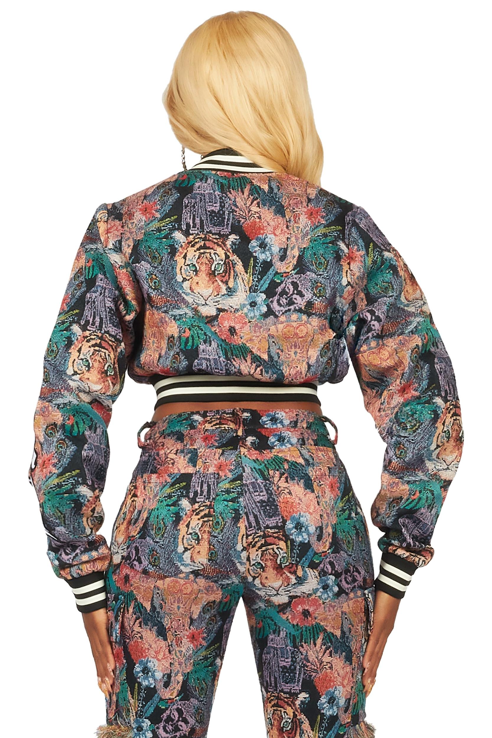 Rena Black Crop Tapestry Varsity Jacket Female Product Image