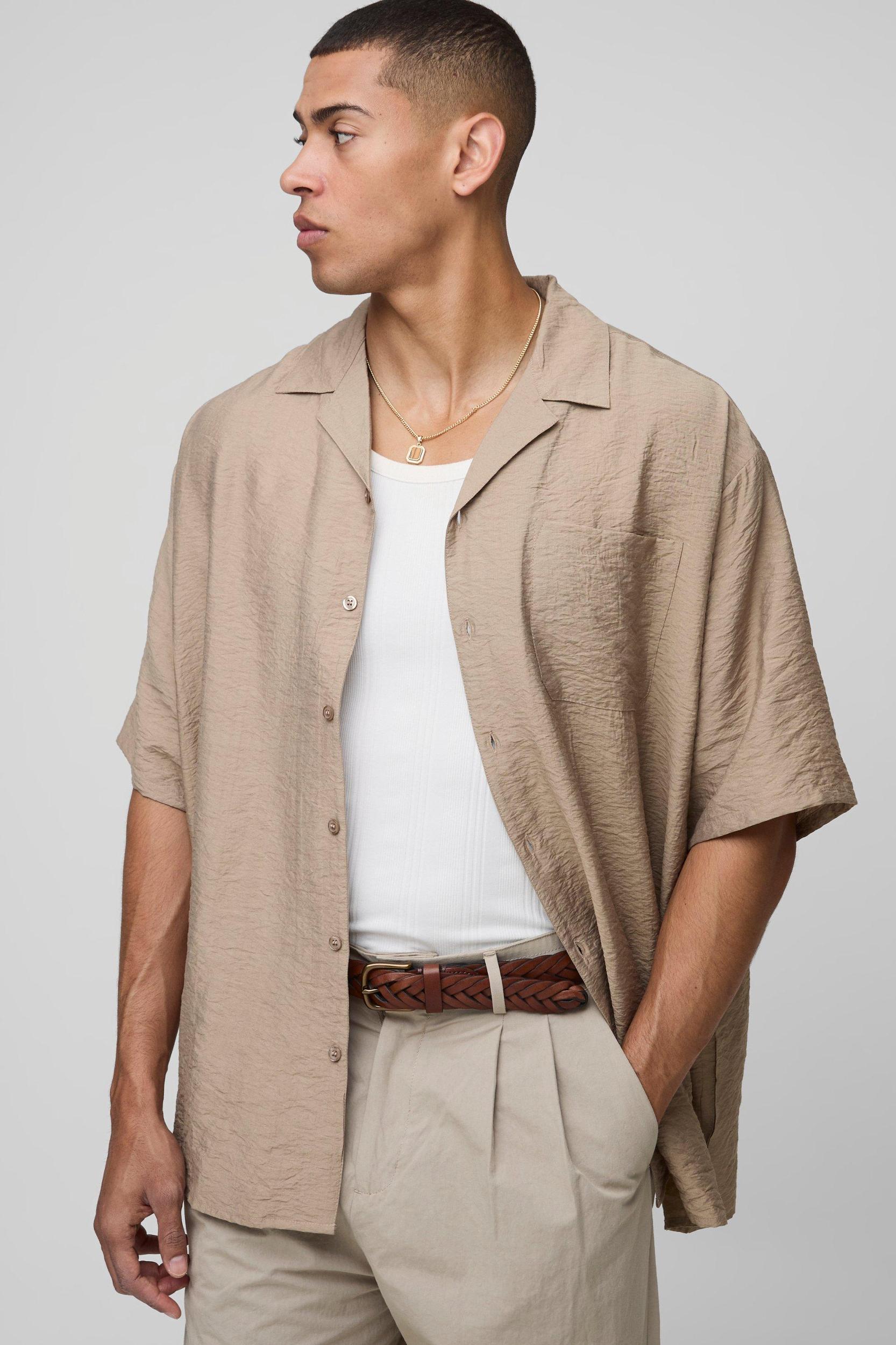 Oversized Half Sleeve Crinkle Viscose Shirt | boohooMAN USA Product Image