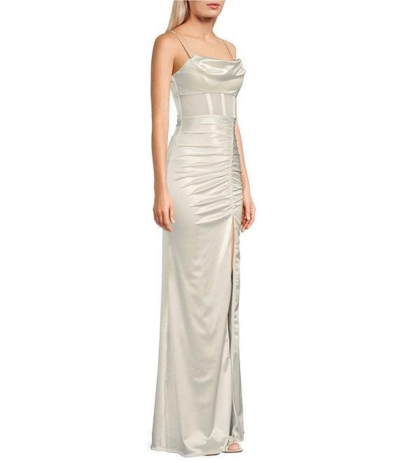 Honey and Rosie Sweetheart Drape Neck Illusion Mesh Corset Front Slit Long Dress Product Image
