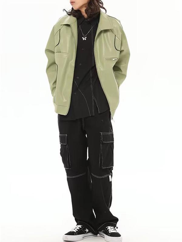 Piping Detail Zip Up Faux Leather Jacket Product Image