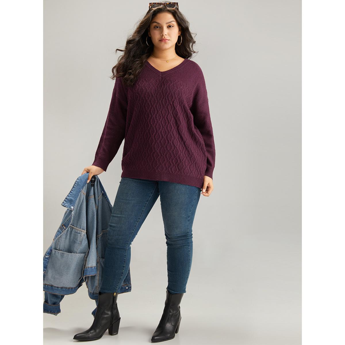 Plus Size Plisse Solid Drop Shoulder Pullover RedViolet Women Casual Loose Long Sleeve V-neck Dailywear Pullovers BloomChic 18-20/2X Product Image