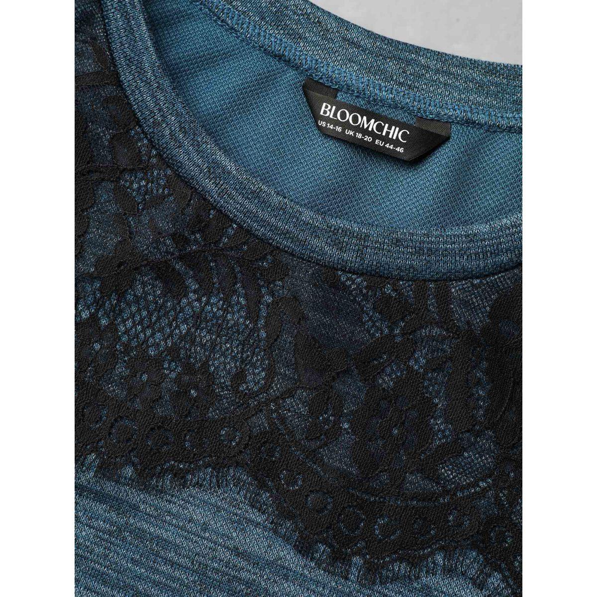 Plus Size Lace Patchwork Color Contrast Sweatshirt Women Cyan Casual Woven ribbon&lace trim Round Neck Everyday Sweatshirts BloomChic 10/M Product Image