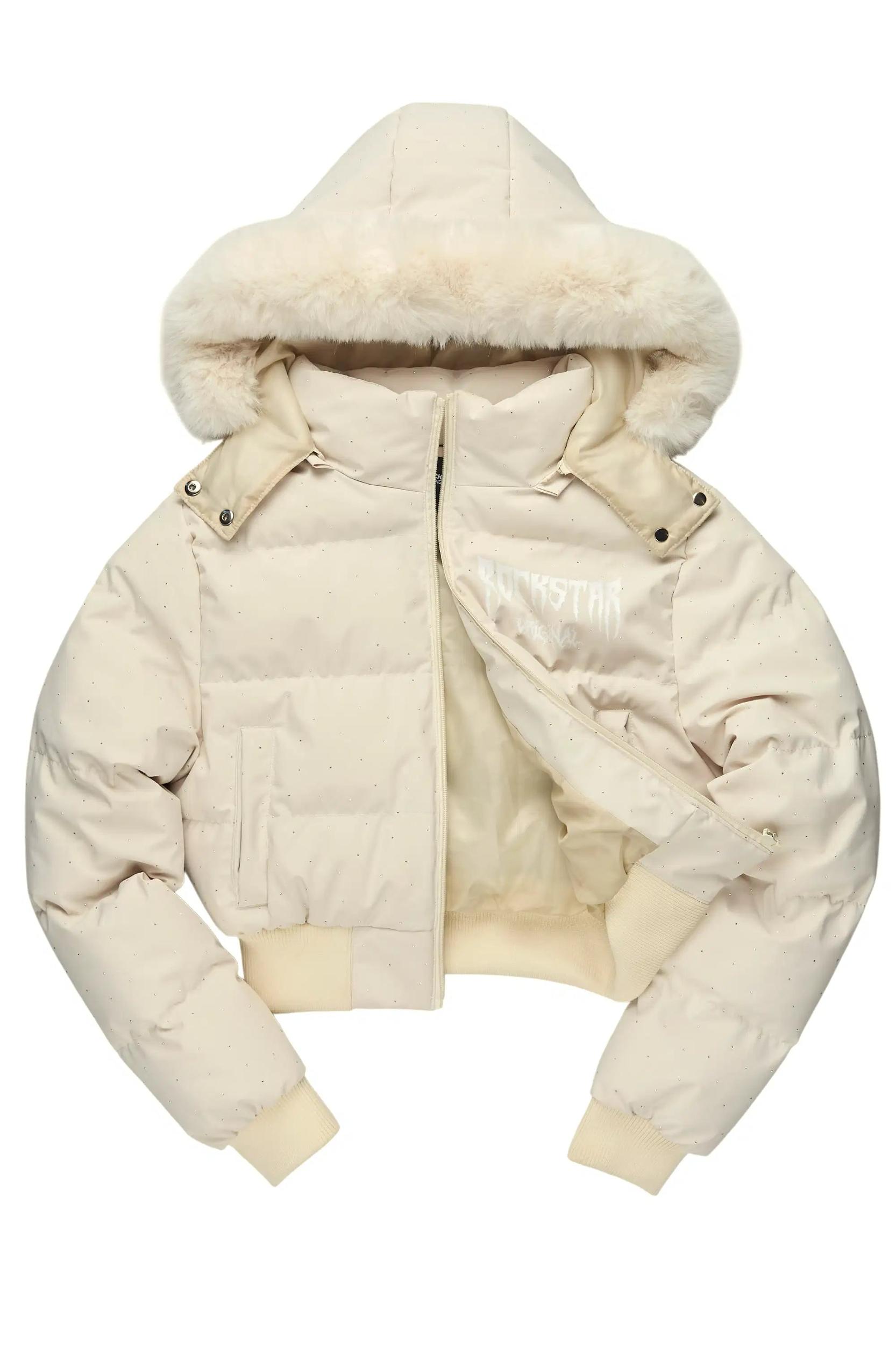 Gabrielle Beige Rhinestone Puffer Jacket With Fur Hood Female Product Image