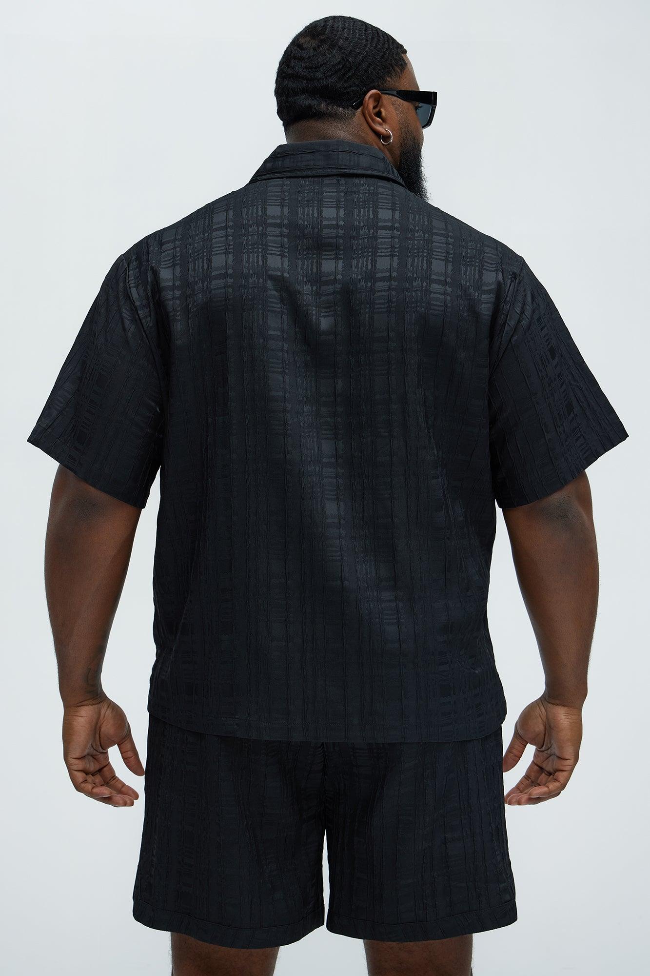 Plaid Crinkle Closed Collar Shirt - Black Product Image