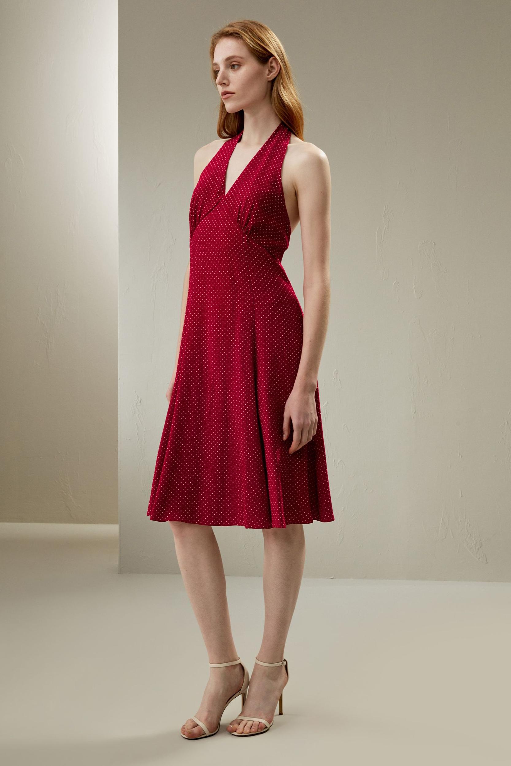Polka Dot Halter Neck Silk Dress Product Image