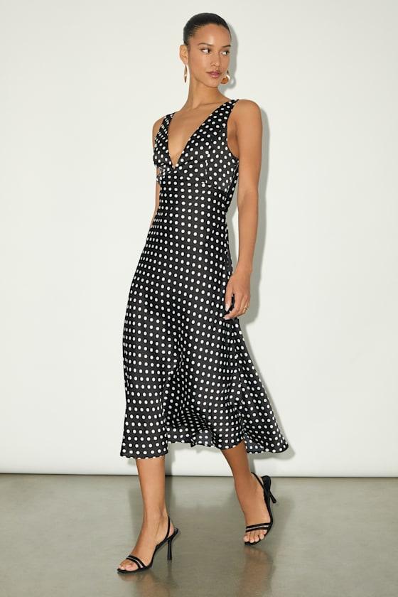 Incredible Love Black Polka Dot Satin Cowl Back Midi Slip Dress Product Image