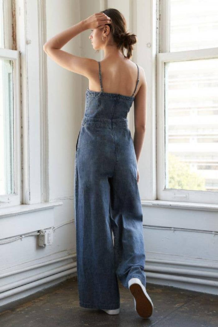Denim Acid Washed Wide Leg Jumpsuit Product Image