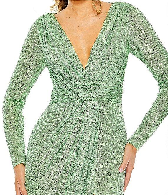 Ieena for Mac Duggal Long Sleeve Deep Surplice V-Neck Sequin Thigh High Slit Gown Product Image