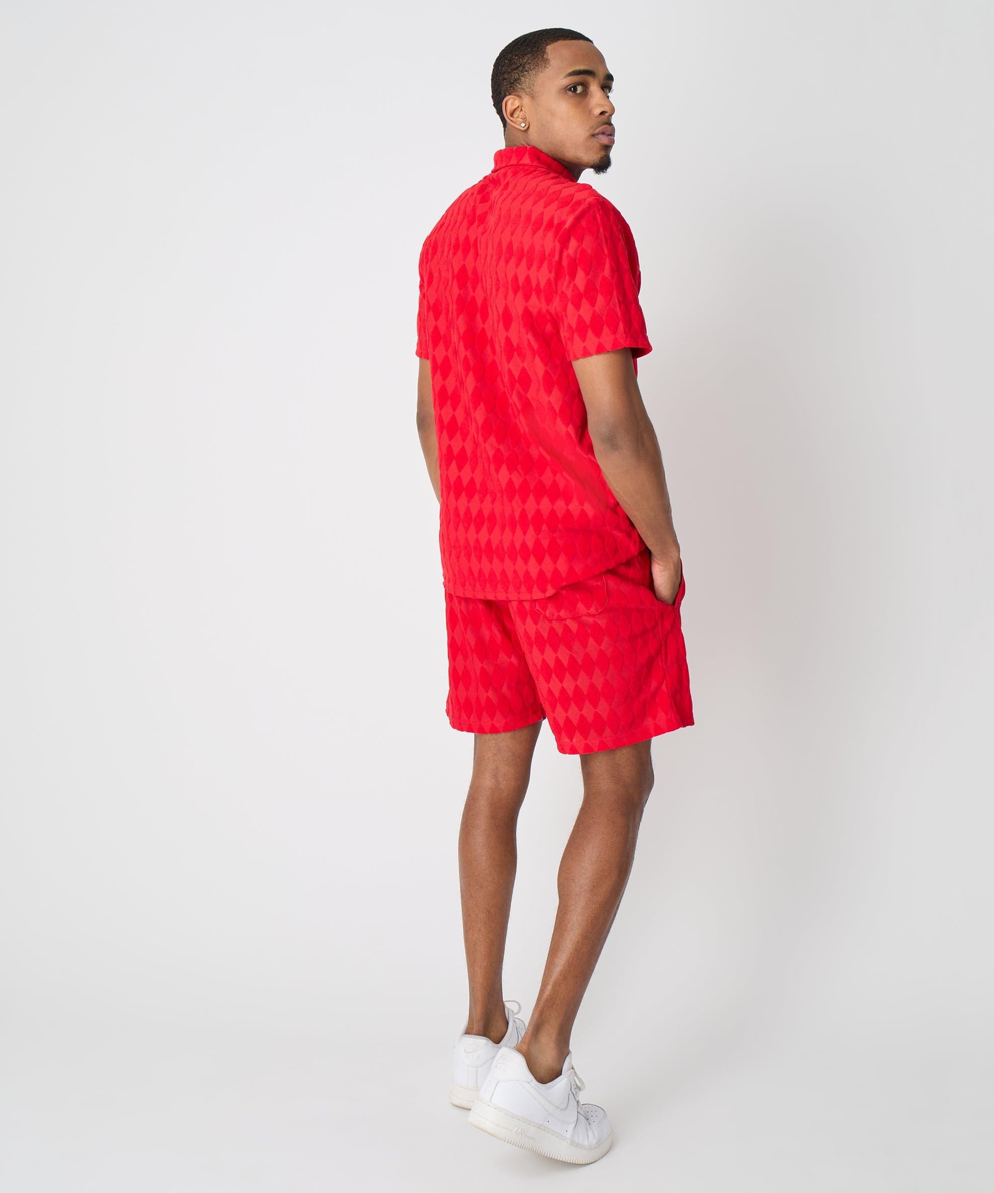 Diamond Plate Towel Color Blocked Short Sleeve Button Down Shirt - Red Product Image