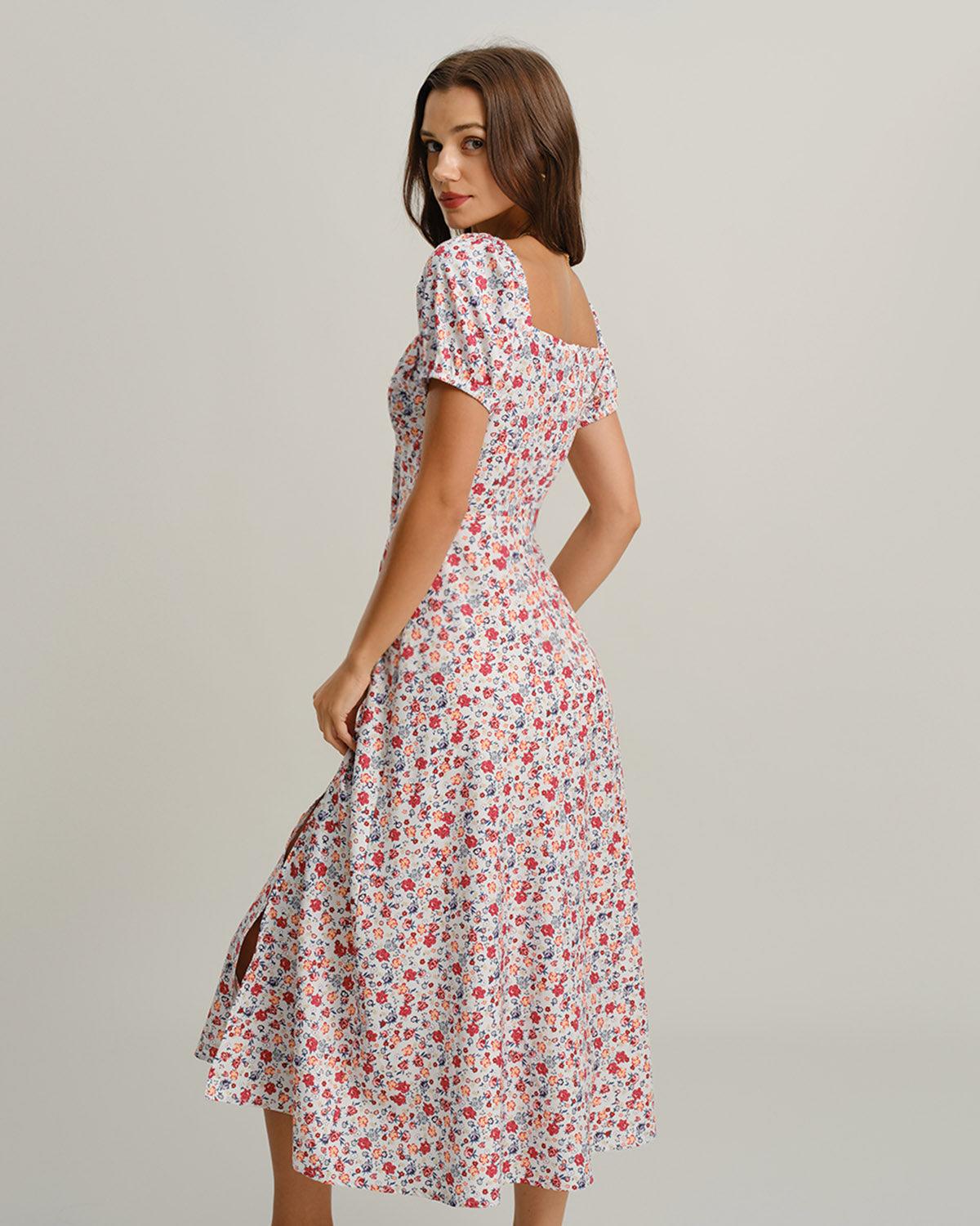 Grey Floral Square Neck Puffed Sleeve Midi Dress Product Image