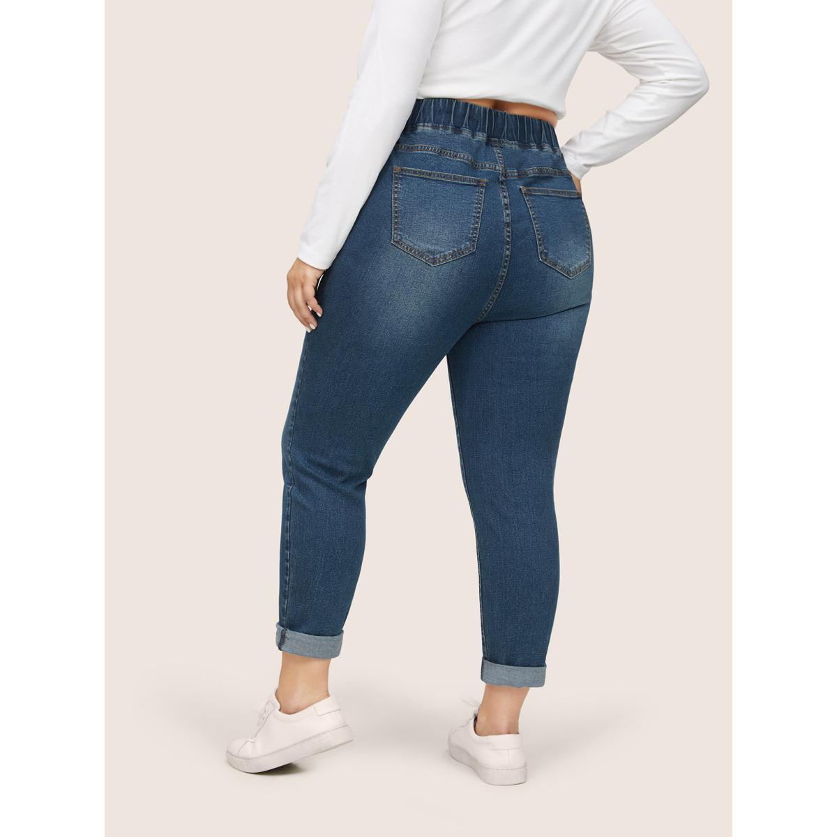 Plus Size Drawstring Elastic Waist Roll Hem Jeans Women DarkBlue Casual Plain Drawstring High stretch Slanted pocket Jeans BloomChic 18/2X Product Image