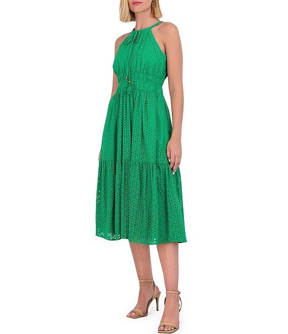 Vince Camuto Halter Neck Sleeveless Embroidered Midi Dress Product Image