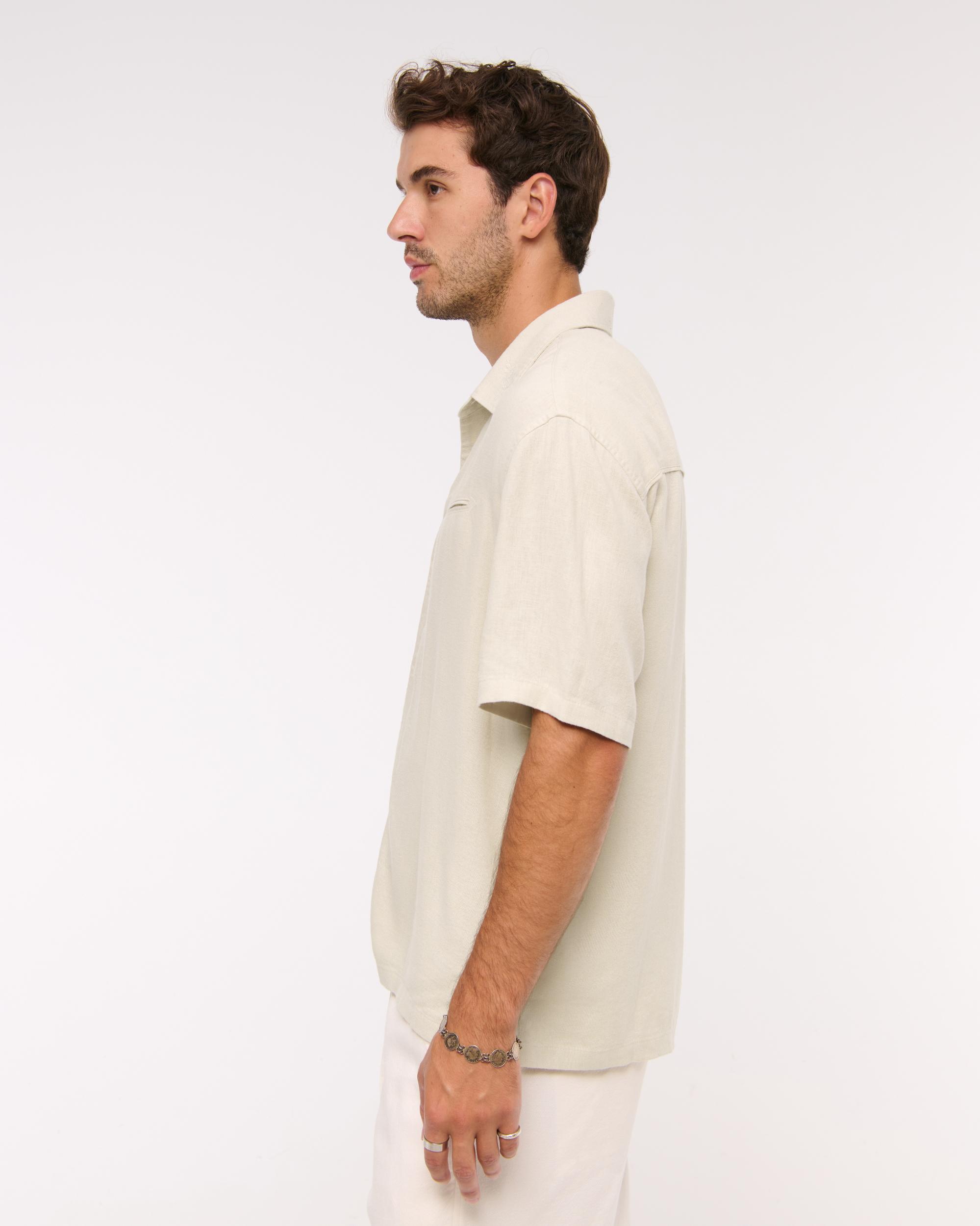 Short-Sleeve Summer Linen-Blend Button-Up Shirt Product Image