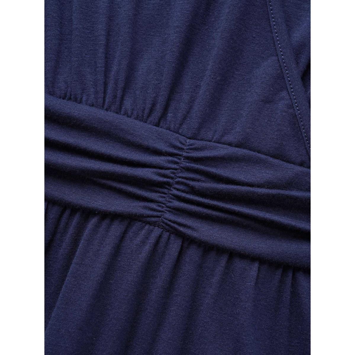 Plus Size Supersoft Essentials Solid Surplice Neck Ruched Front Dress Navy Women Casual Wrap V-neck Short sleeve Curvy Midi Dress BloomChic 26/4X Product Image