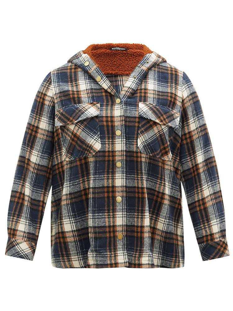 Plaid Patchwork Pocket Button Through Hooded Coat Female Product Image