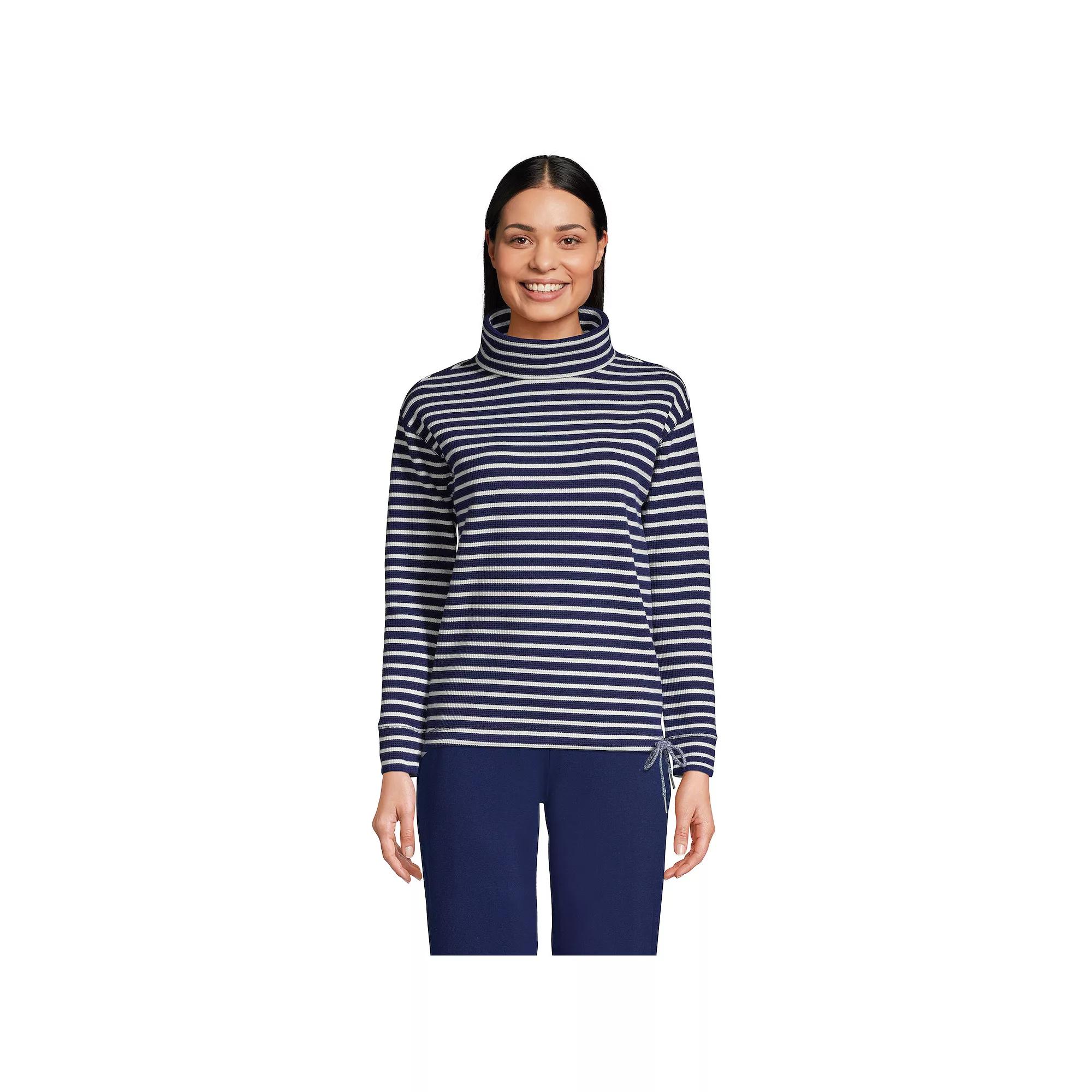 Women's Lands' End Long Sleeve Funnelneck Waffle Top, Size: Large, Navy Ivory Stripe Product Image