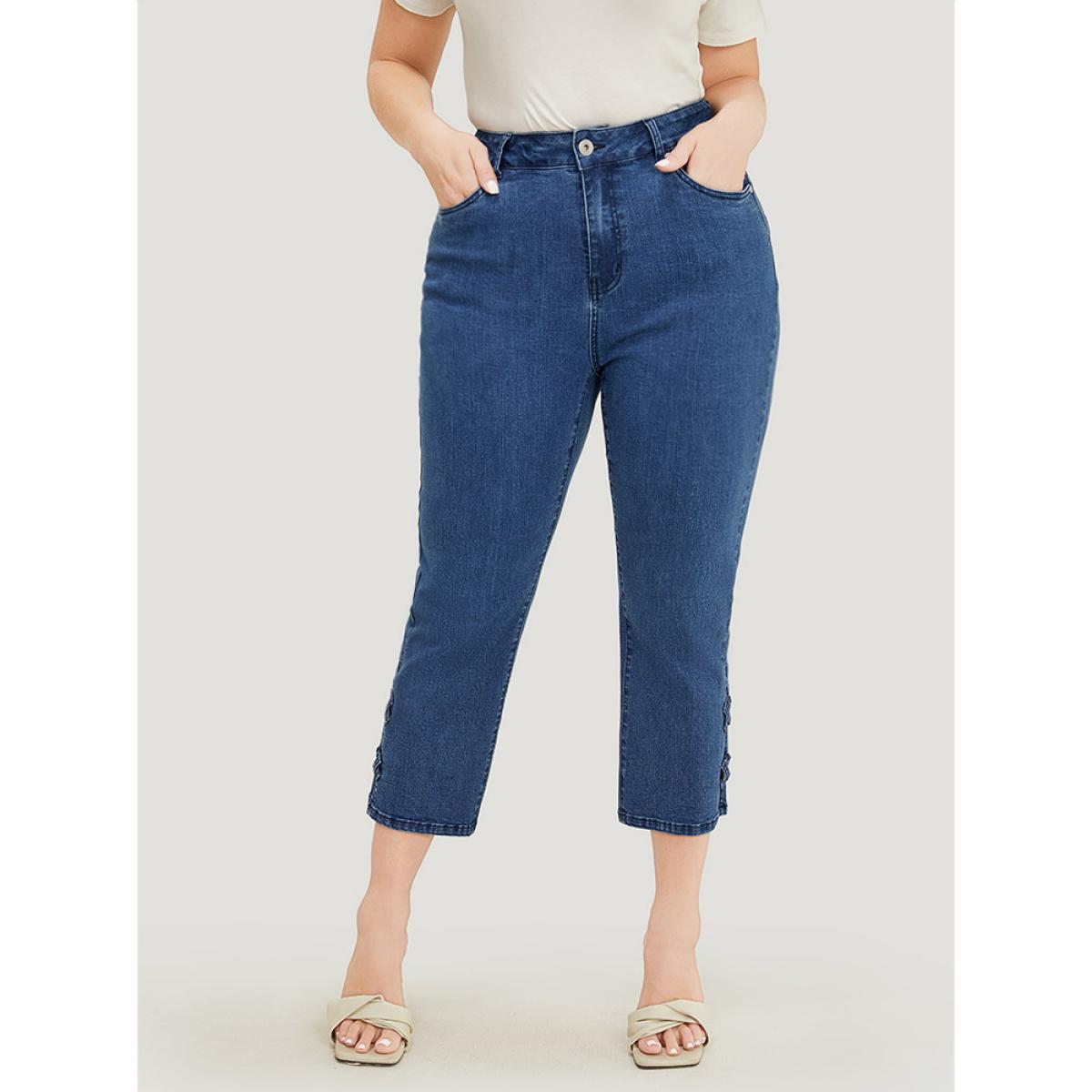 Plus Size Very Stretchy Medium Wash Patched Detail Cut Out Jeans Women Blue Casual Plain Cut-Out High stretch Pocket Jeans BloomChic 12/L Product Image