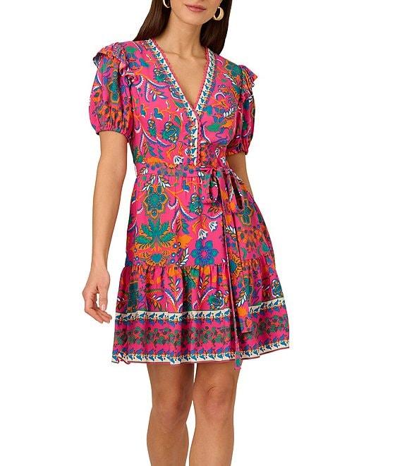 Adrianna by Adrianna Papell V-Neck Short Sleeve Printed Flounce Hem Shift Dress Product Image