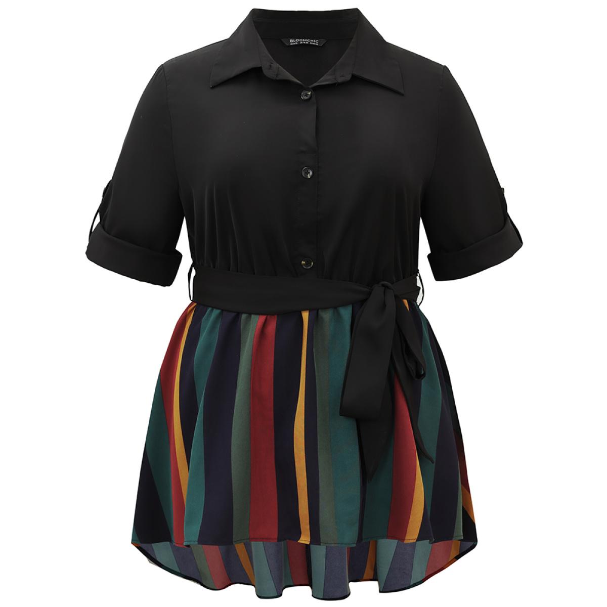 Plus Size Black Colour Striped Patchwork Belted Tab Sleeve Blouse Women Office Elbow-length sleeve Shirt collar Office Blouses BloomChic 22-24/3X Product Image