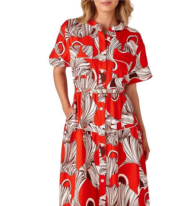 CROSBY by Mollie Burch Kellogg Bolga Fan Print Crepe Twill Banded Collar Button Front Belted A-Line Shirt Midi Dress Product Image