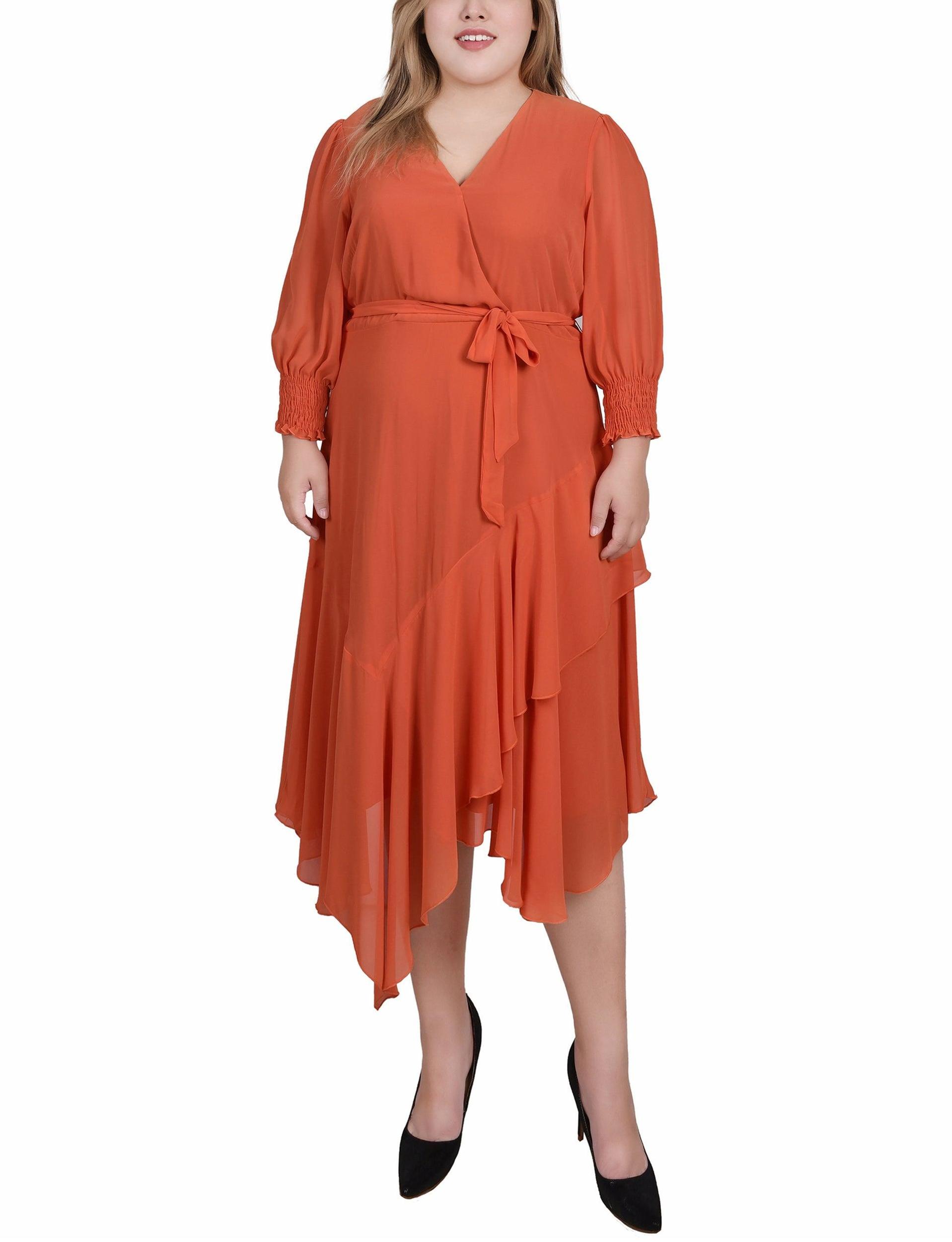 Orange Rust 3/4 Sleeve Belted Chiffon Hankerchief Hem Dress - Plus Product Image