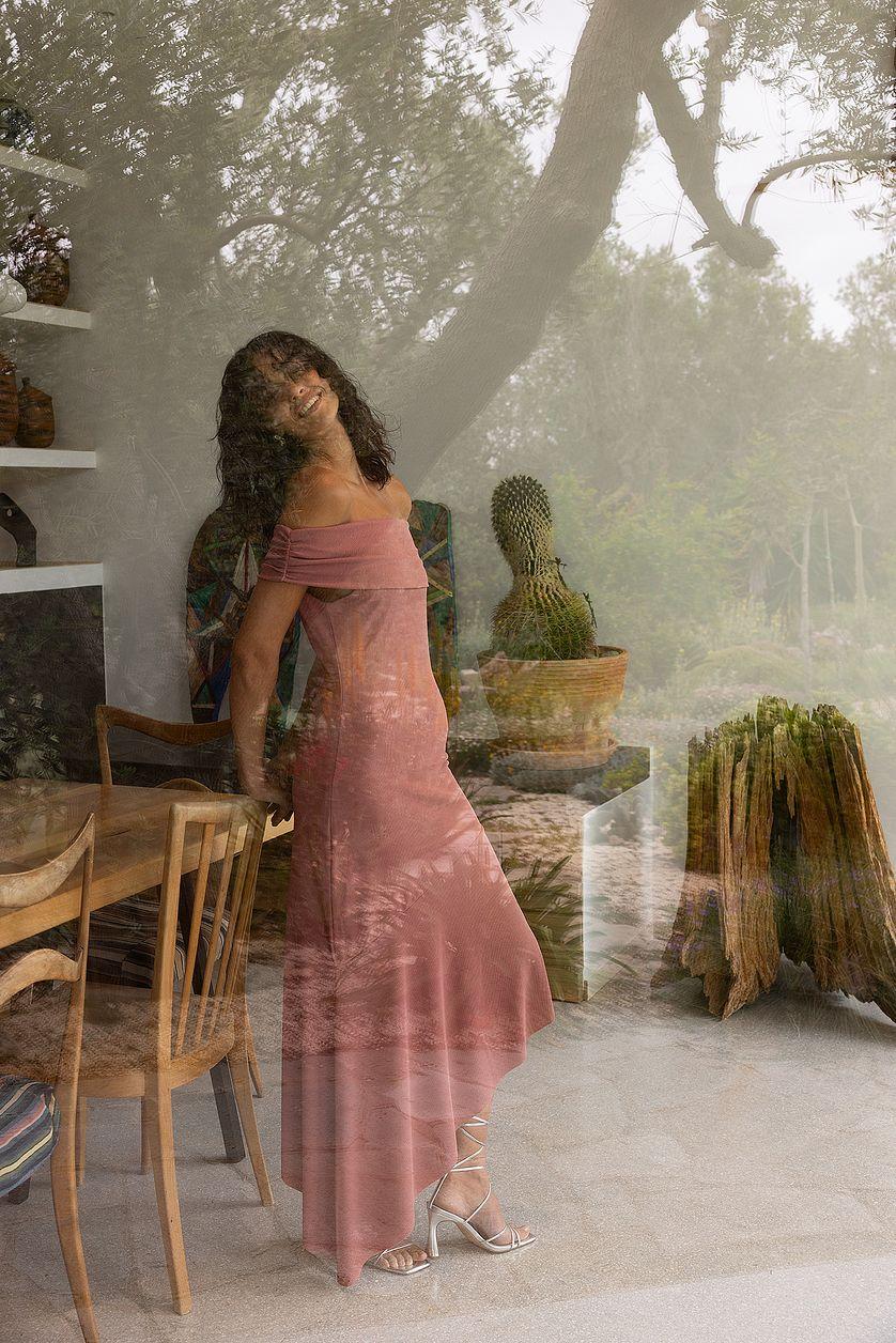 Off Shoulder Flounce Midi Dress Product Image