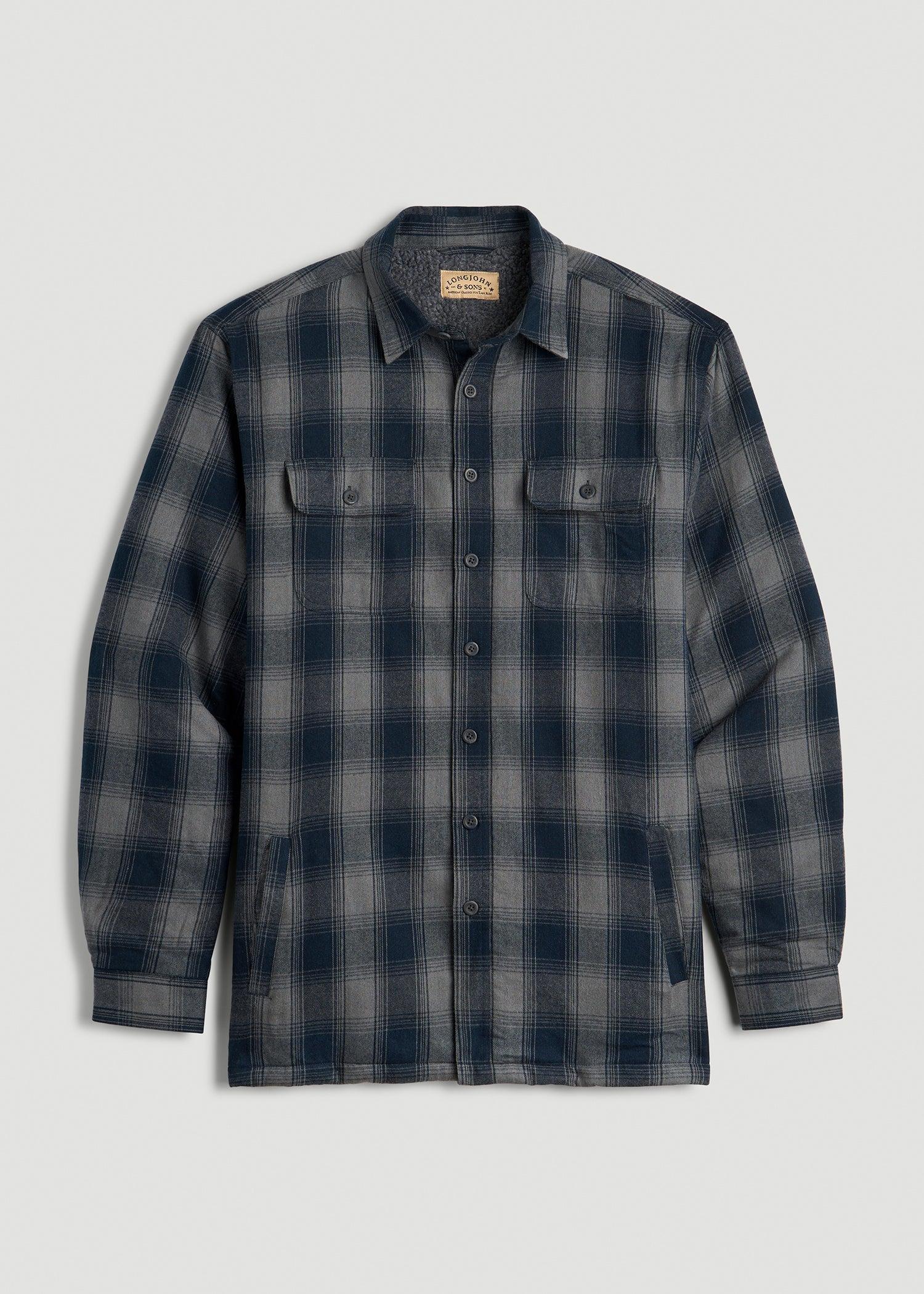 LJ&S Sherpa-Lined Shirt Jacket for Tall Men in Midnight Navy & Medium Grey Plaid Male Product Image