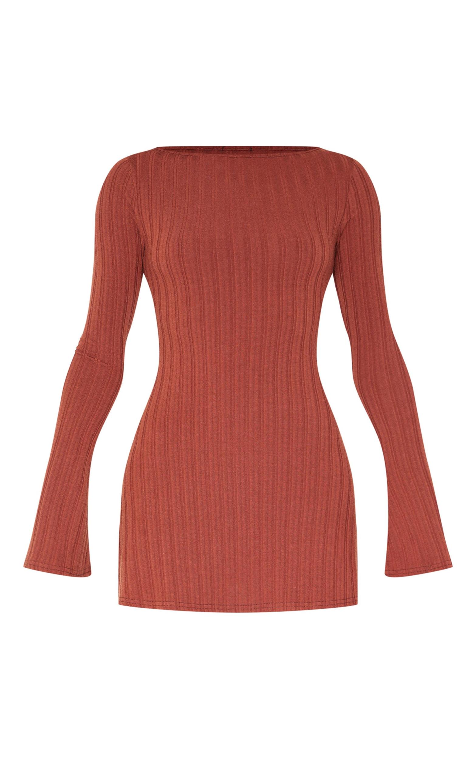 Chocolate Wide Rib Flared Sleeve Shift Dress Product Image