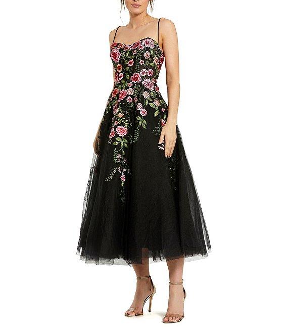 Mac Duggal Embroidered Mesh Floral Sweetheart Neck Sleeveless A-Line Midi Dress Product Image