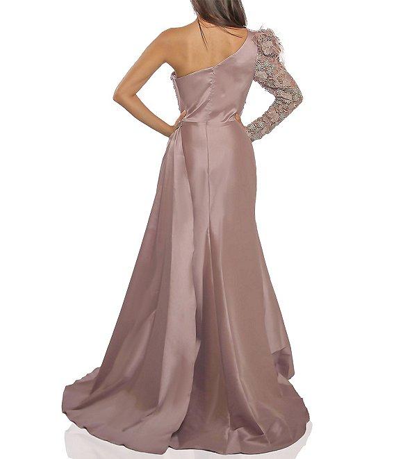 Terani Couture Embroidered Mikado Feather Shoulder One Long Sleeve Front Slit Gown Product Image