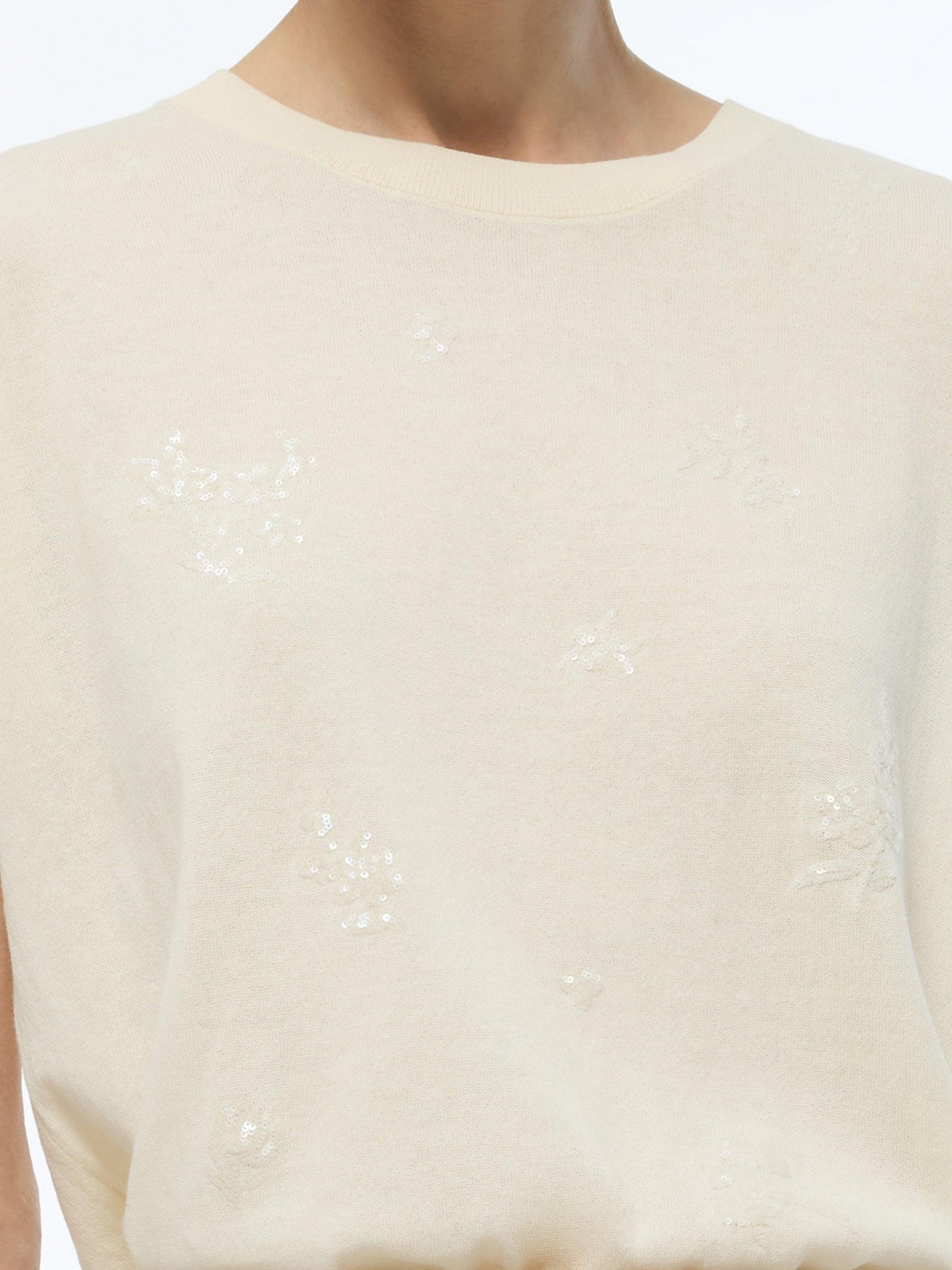 100% Cotton Sequined Embroidered Women Stretchy Knit Top Product Image