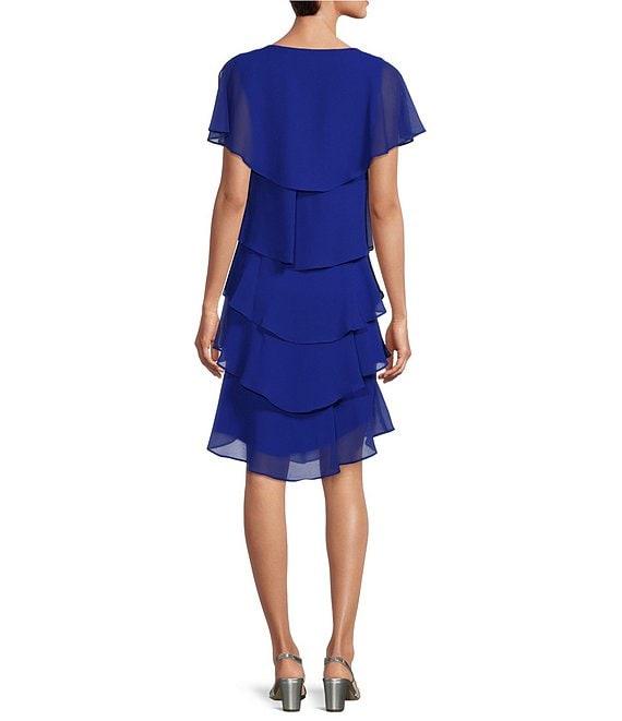 Ignite Evenings Petite Size Georgette V-Neck Short Sleeve Tiered Capelet Shift Dress Product Image