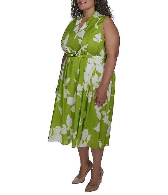 DKNY by Donna Karan Plus Size V-Neck Printed Fit and Flare Midi Dress Product Image