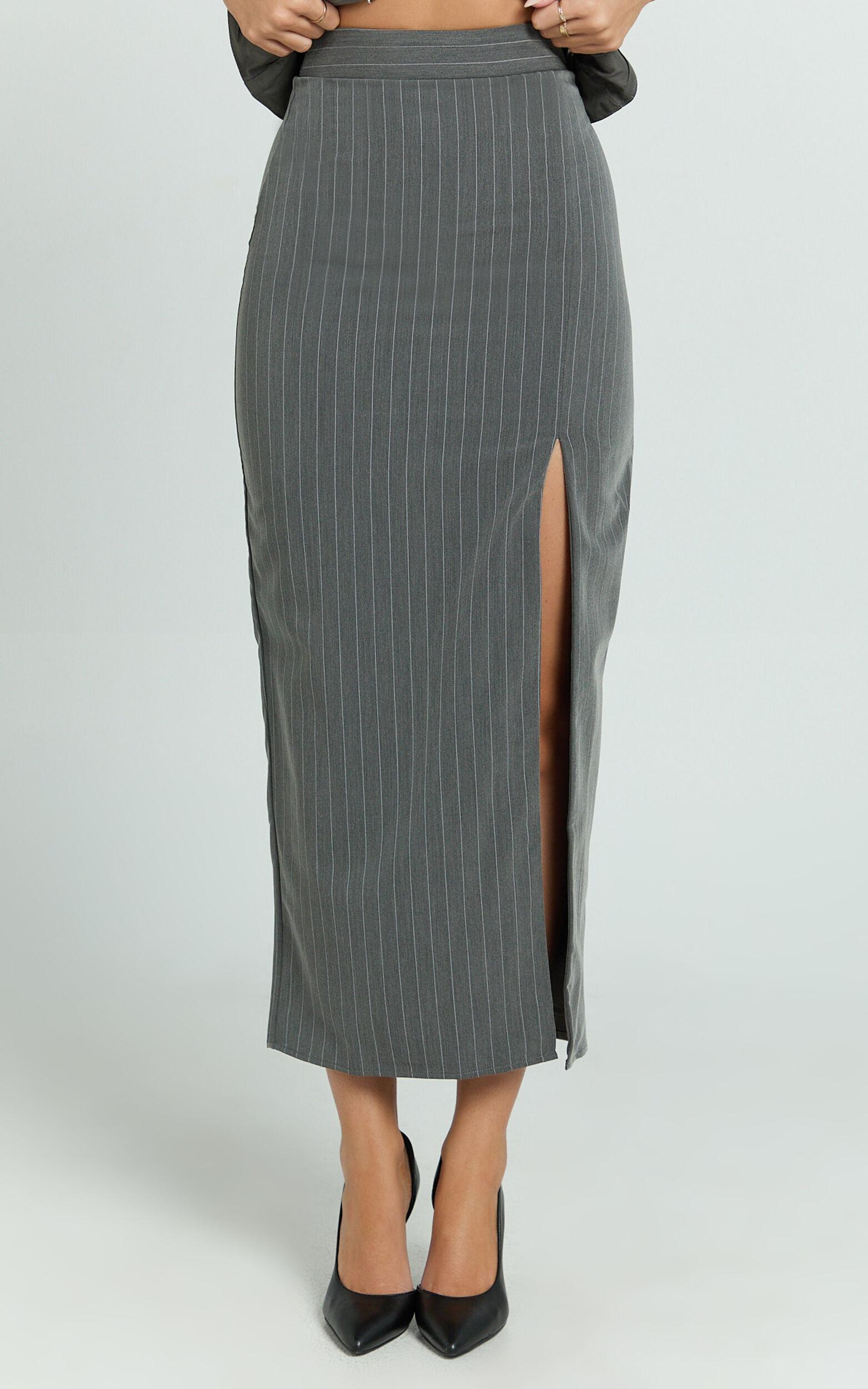 Fiona Midi Skirt - Pinstripe Bodycon Side Leg Split Workwear Skirt in Dark Grey Product Image