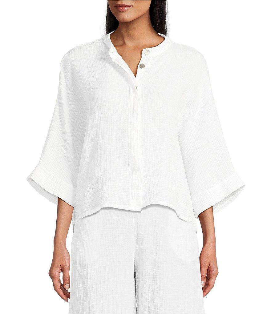 Bryn Walker Joe Cotton Gauze Banded Collar 3/4 Dolman Sleeve Button Front Shirt Product Image