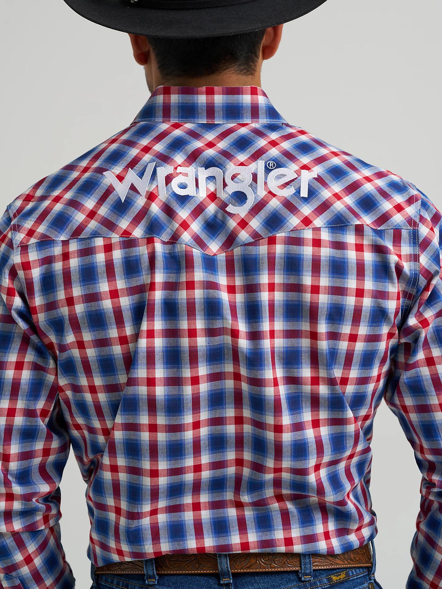 Men's Wrangler® Logo Long Sleeve Button-Down Plaid Shirt in Americana Product Image