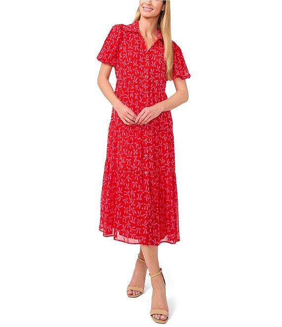 CeCe Gauze Chiffon Bow Print Point Collar Short Sleeve Tiered Midi Dress Product Image